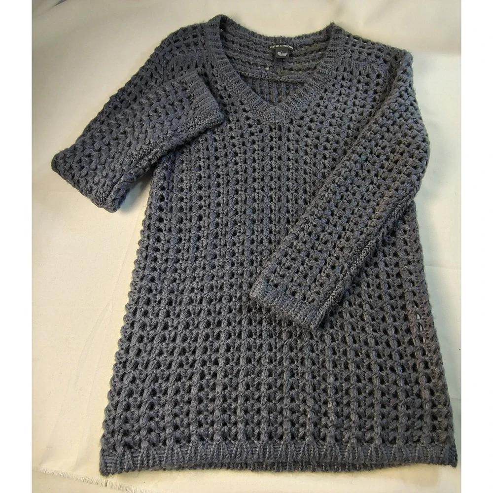 Chelsea & Theodore Blue Gray Open Knit Crochet V-Neck Pullover Boho Sweater Sz L